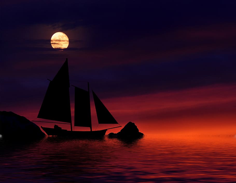 siluet, lukisan kapal, malam, perahu, bulan langit, air, laut, gelap, matahari terbenam, kapal bahari