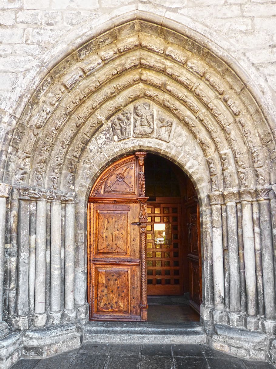 Gótico, Portal, Iglesia, portalada, vielha, val d'aran, tímpano, relieve, arquitectura, entrada