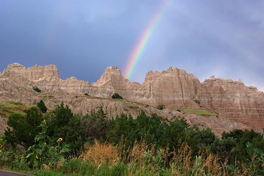 Rainbow, Scenic, Weather, badlands national park, south dakota, usa, hills, colorful, blue, yellow