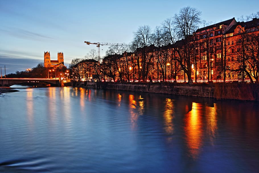 body of water, munich, isar, night, river, water, bavaria, germany, old town, building