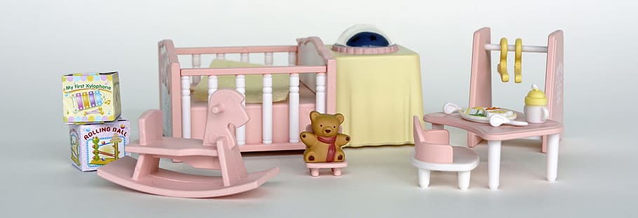 toddler, baby crib, set, doll room, toys, rocking horse, teddy bear, bed, cardboard boxes, chair