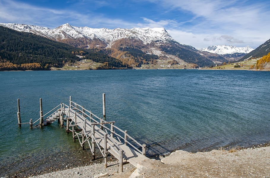 Reschensee, Italia, Tirol del Sur, lago, montañas, paisaje, agua, otoño, montaña, pintorescos - naturaleza