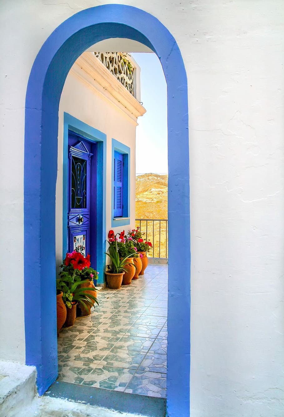 blue, painted, closed, door, flower arrangement, outside, architecture, home, building, input