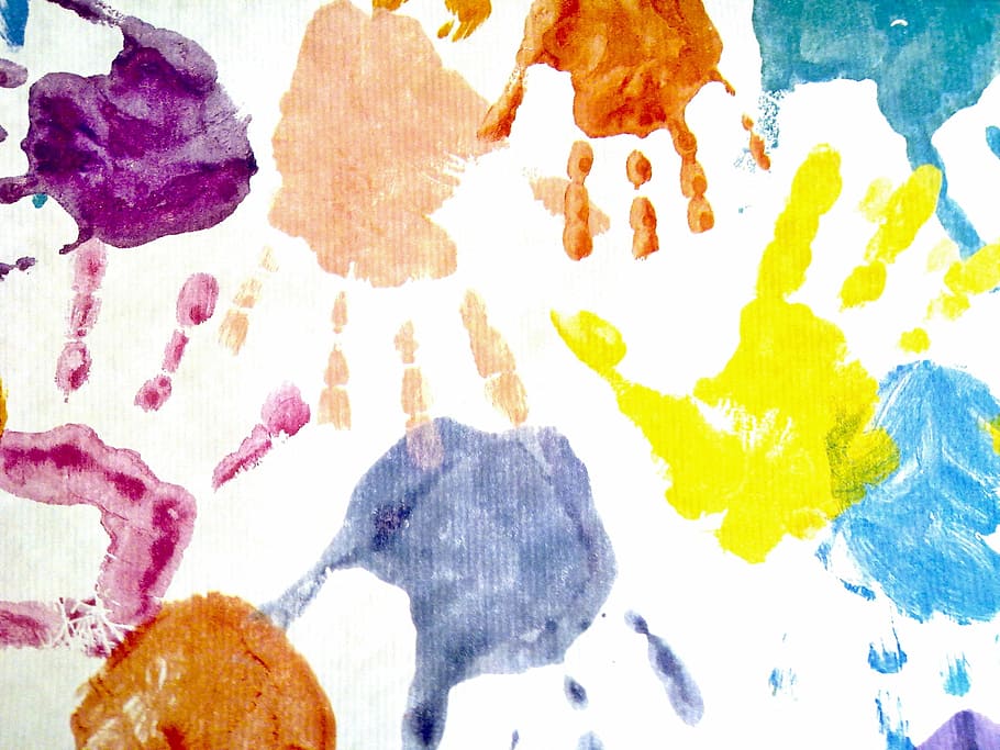 assorted-color hand painting, gray, yellow, and blue, painting, hand, finger, handprint, connectedness, yellow, orange