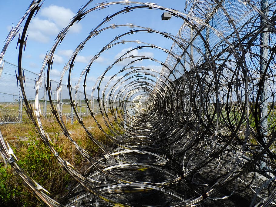 spiral barb wire, prison fence, razor ribbon, wire, metal, fence, barbed, barb, prison, spikes