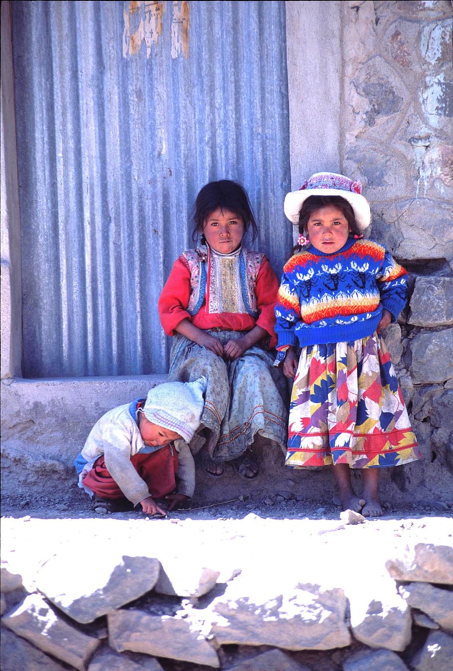 two, girls, one, boy, leaning, concrete, wall, peru, children, colorful