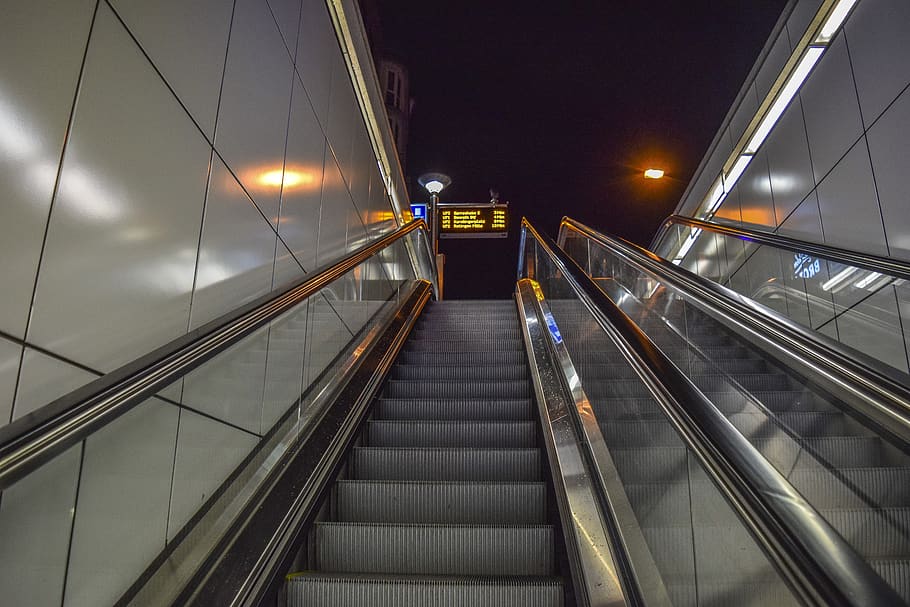 railway station, escalator, stairs, architecture, modern, city, urban, metal, perspective, metro