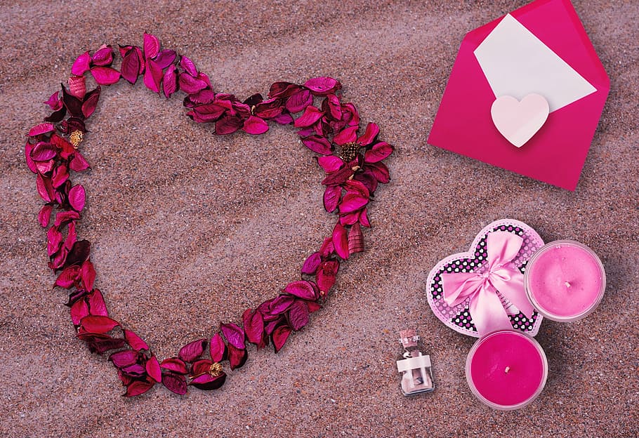 heart-shaped, purple, leaf decor, marriage proposal, marry, beach, romantic, heart, flowers, love