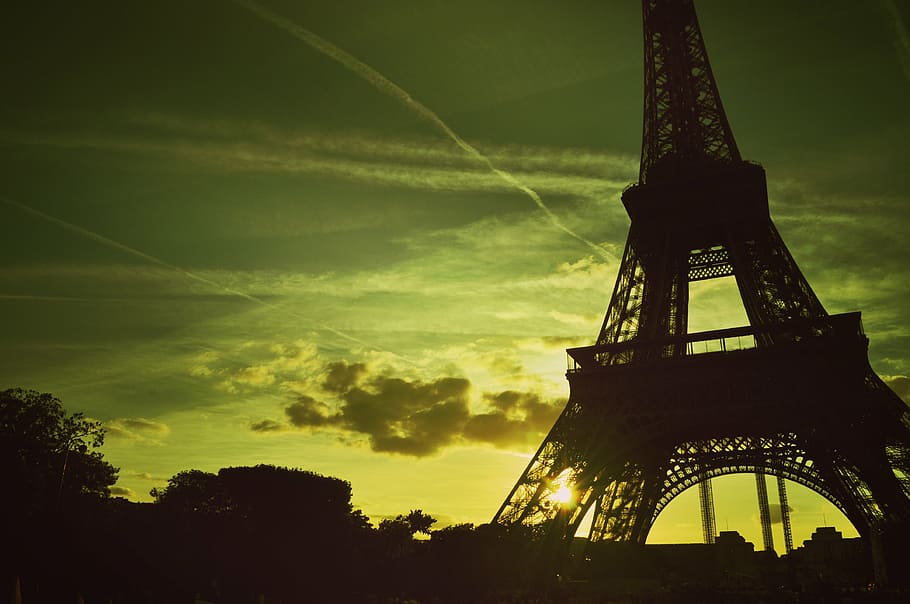 silhouette photo, eiffel tower, sunset, paris, tower, france, architecture, beautiful, city, silhouette