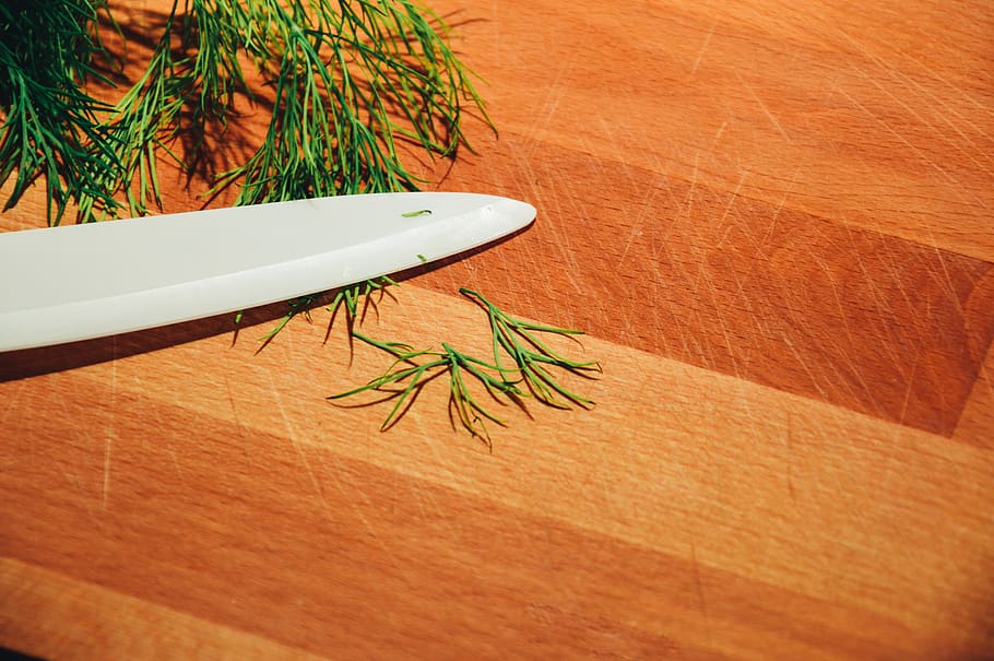 dill, herbs, knife, cutting board, kitchen, chef, food, plant, nature, table