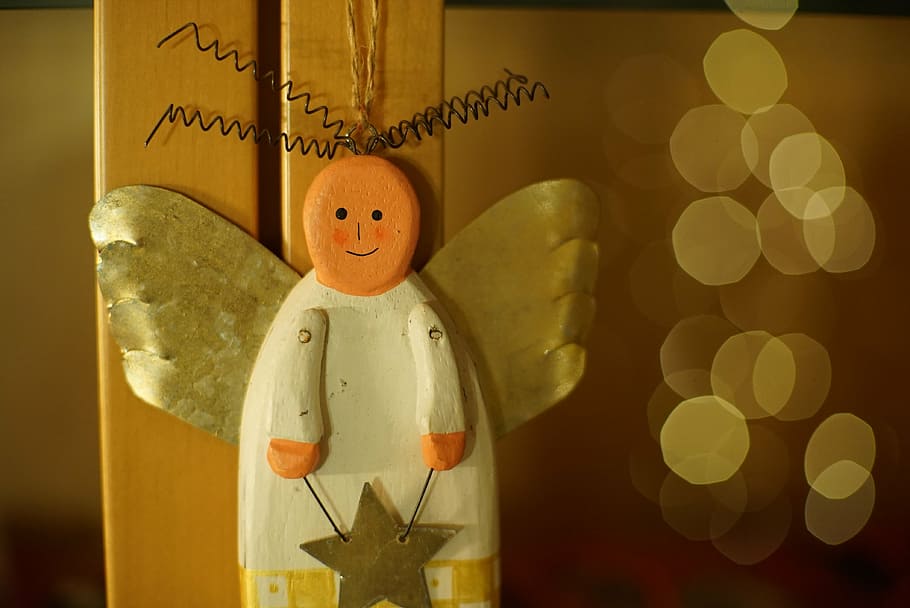 white, orange, wooden, angel figurine, christmas, decoration, santa claus, celebrate, greeting card, packed