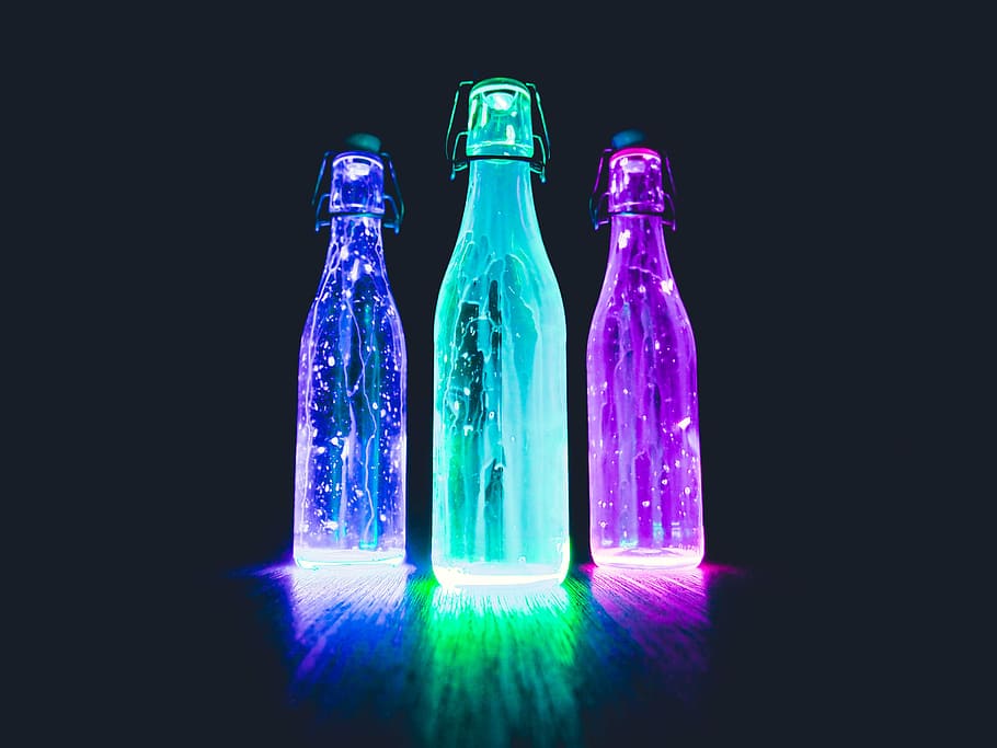 three, fairy, light bottle lamps, neon, art, color, colorful, light, mystical, glow