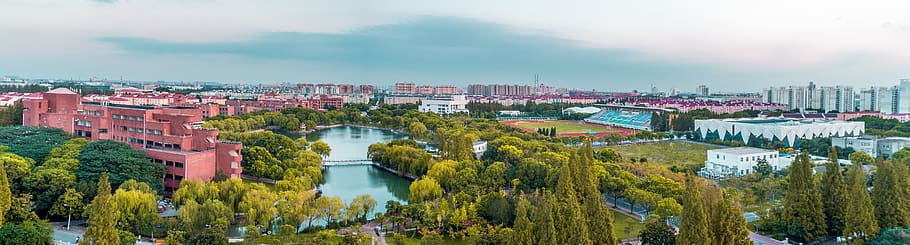 shanghai jiao tong university, panorama, jiaotong university, aerial, run, architecture, building exterior, city, built structure, sky