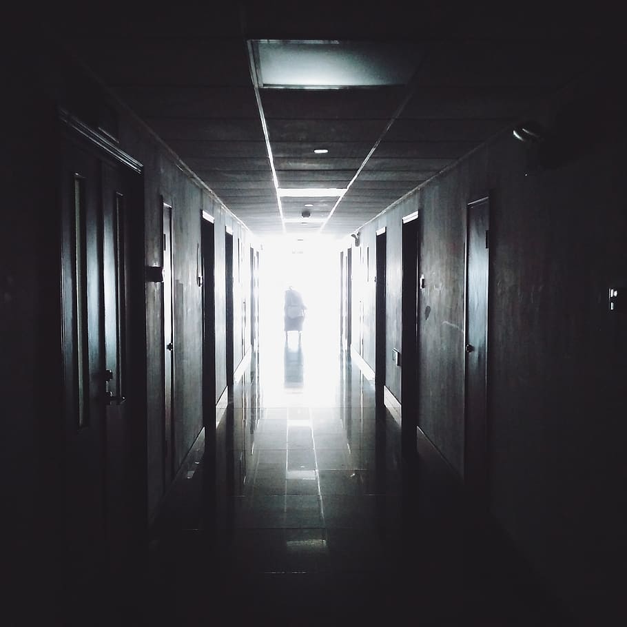 person, middle, hallway, behind, light, hospital, medical, work, office, interiors