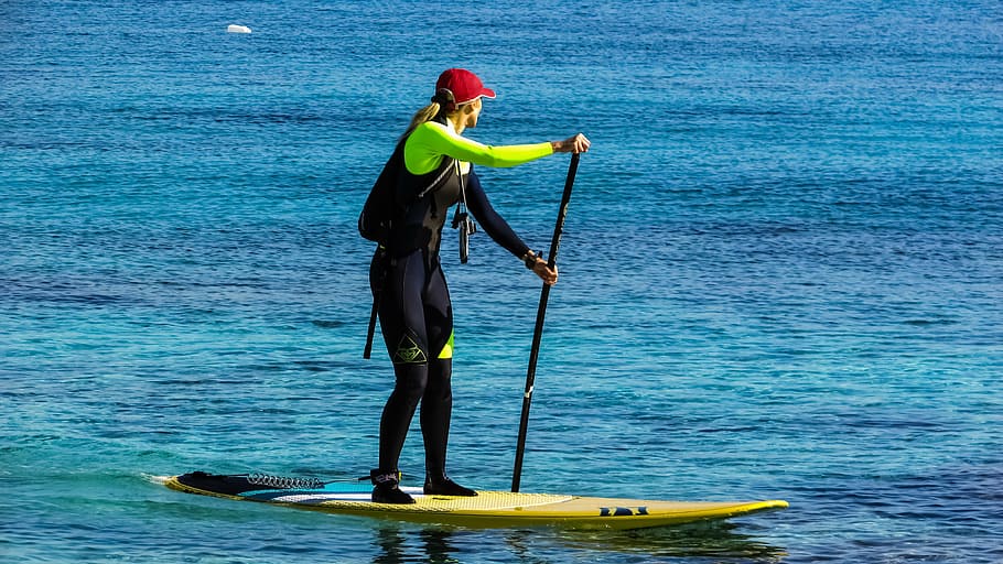 female, riding, paddle board, body, water, paddleboarding, sport, paddle, board, stand
