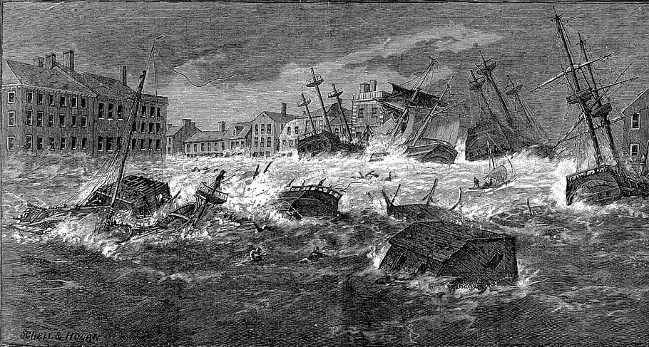 huracán, 1915, Providence, Rhode Island, Gran Tormenta, obras de arte, grabado, fotos, dominio público, clima