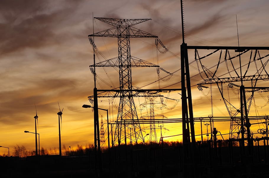 Energy, Current, Poles, energy, current, high-voltage line, sunrise, electricity, power Line, sunset, industry