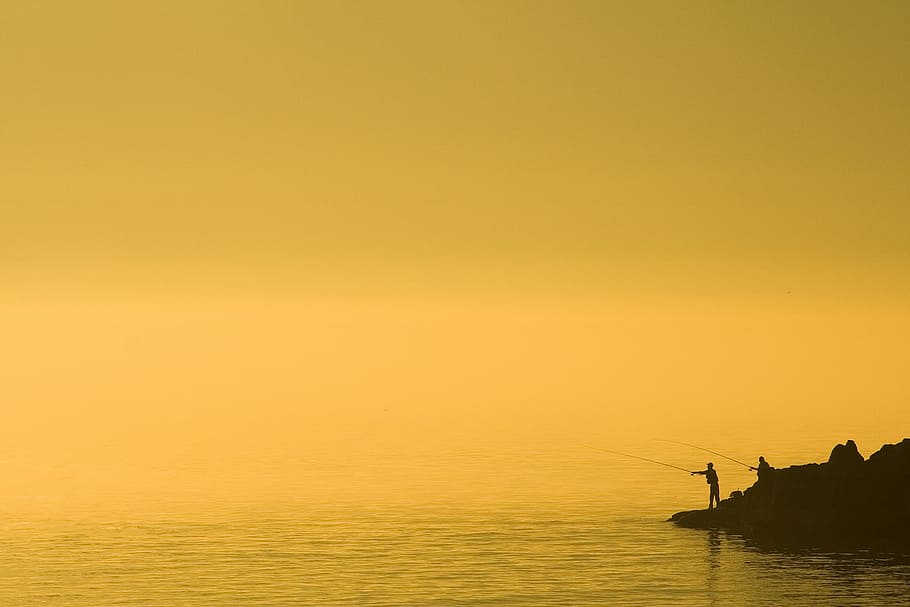 silhouette, person, holding, fishing rod, coastal, island, sun mu, sea, fishing, beach