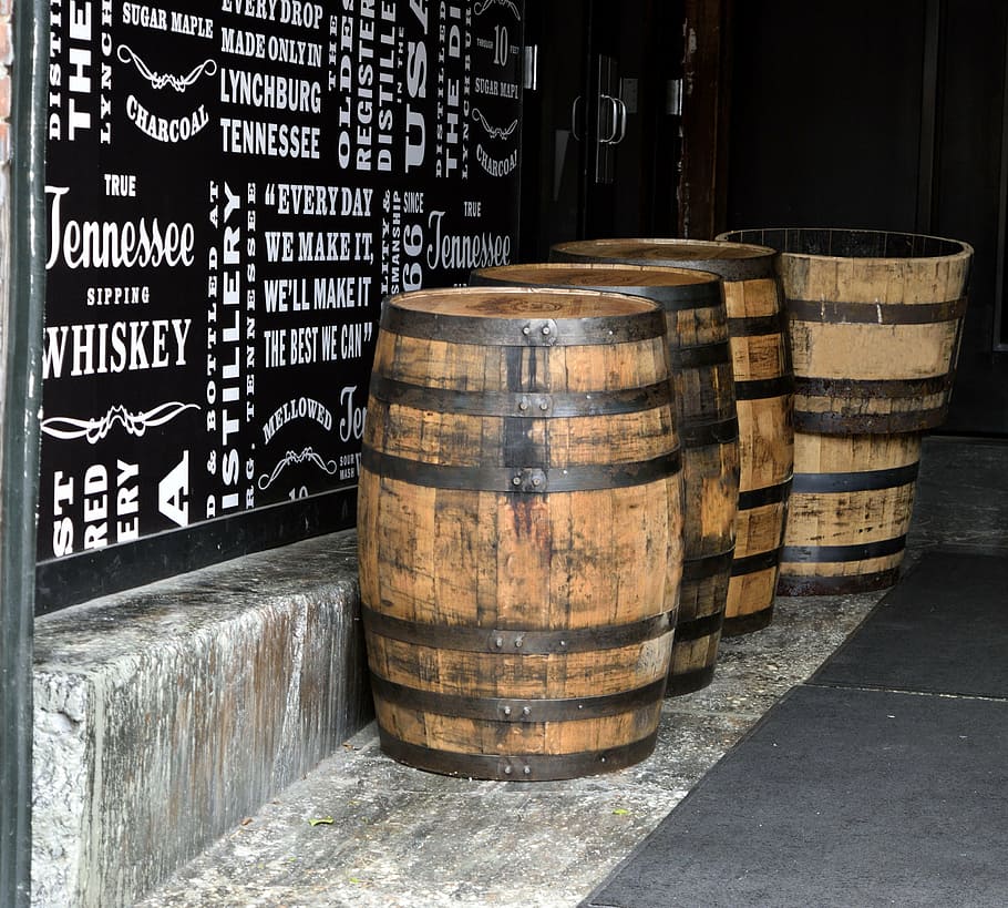 four, brown, beer barrel, floor, black, wall, whiskey barrels, bourbon, barrel, alcohol