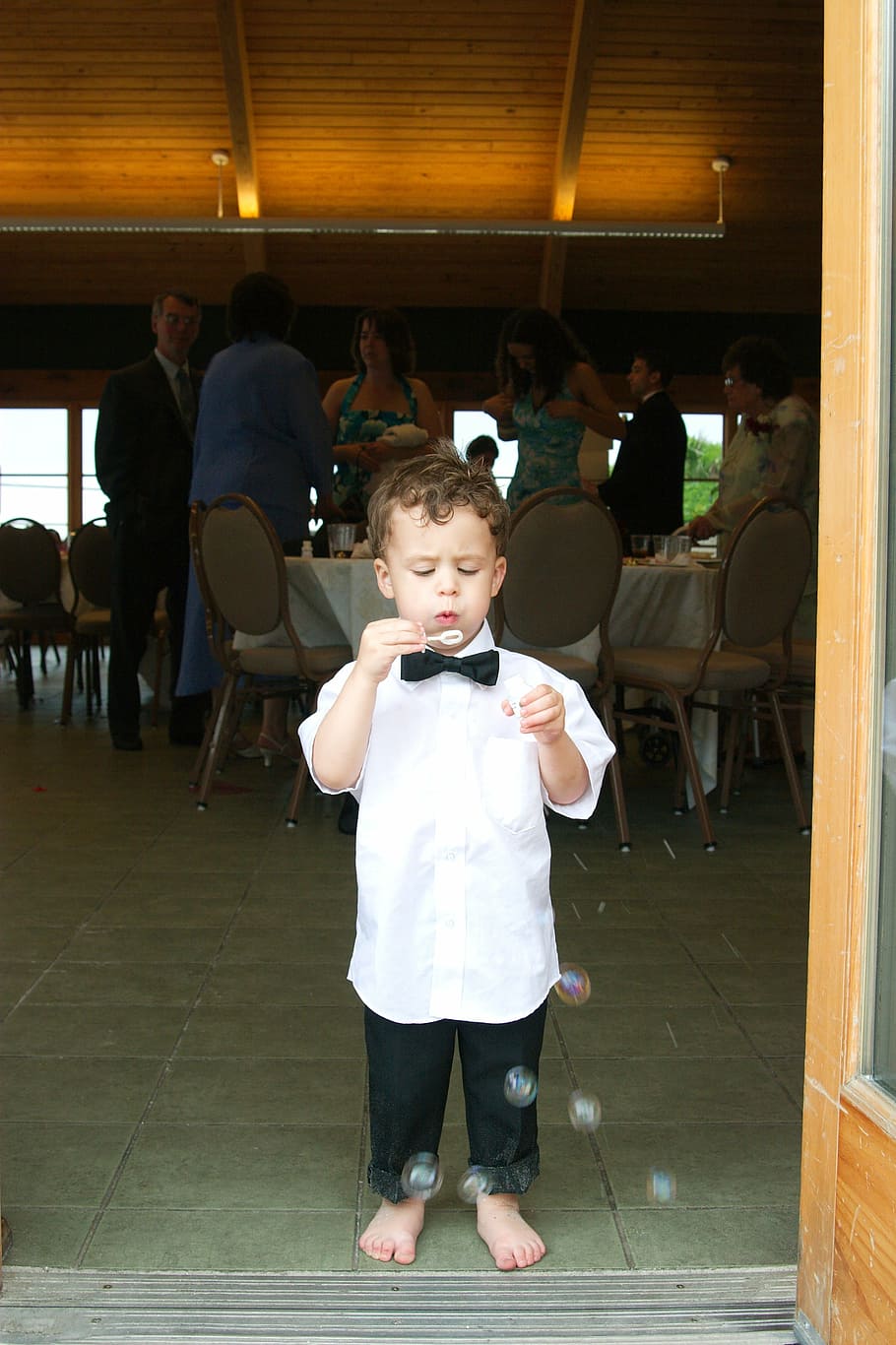 party, reception, bubbles, ring bearer, toddler, blowing, tuxedo, barefoot, wedding, little