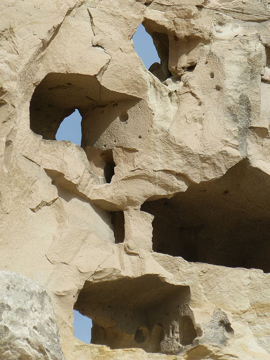 Piedra, roca, toba, lixiviación, erosión, huecos, agujeros, editado, ruina antigua, arquitectura