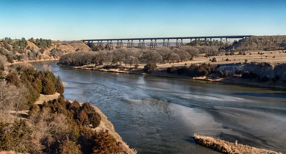 San Valentín, Nebraska, río, agua, puente, caballete, árboles, paisaje, cielo, nubes