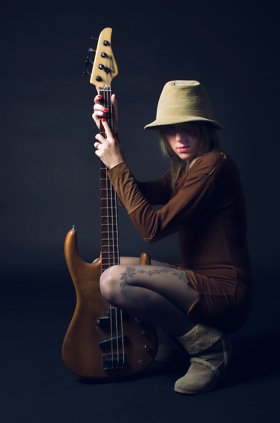 model, studio, girl, guitar, hat, woman, graphy, adult, female, one person