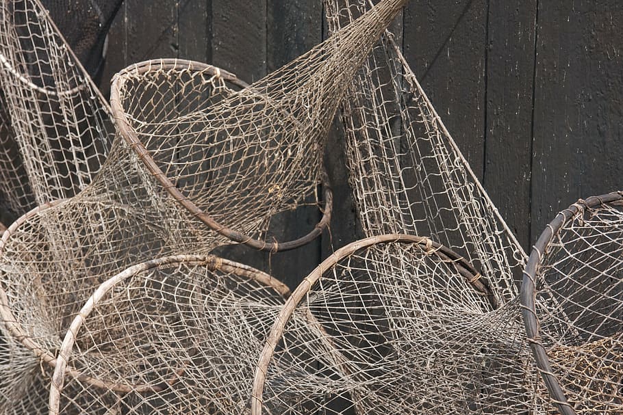 fisheries, fishing nets, fishing, fishing industry, fishing net, commercial fishing net, stack, day, wood - material, large group of objects