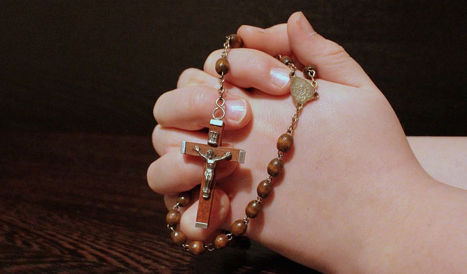 person, holding, brown, rosary necklace, rosary, faith, pray, folded hands, prayer, cross