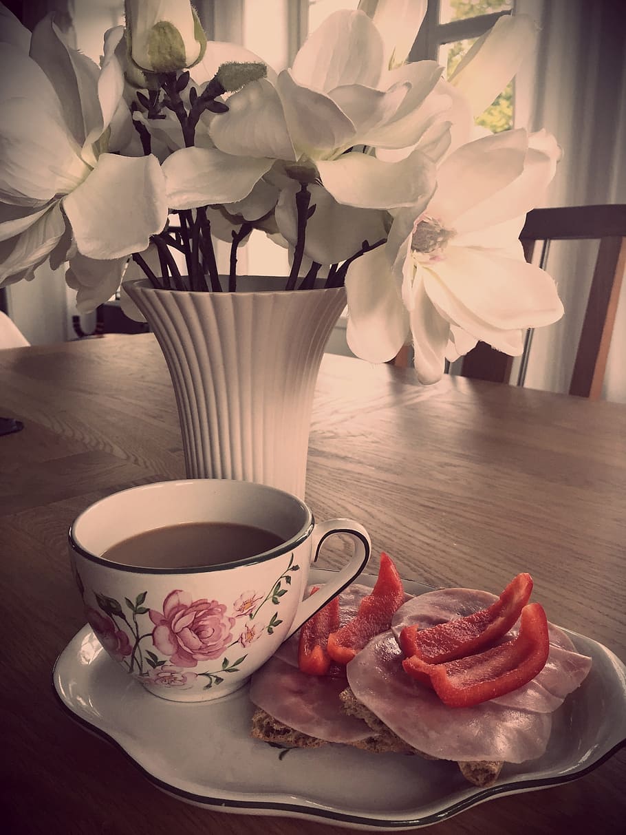 desayuno, café, pausa para el café, taza de café, taza, emparedado, macka, java, bueno, planta floreciente