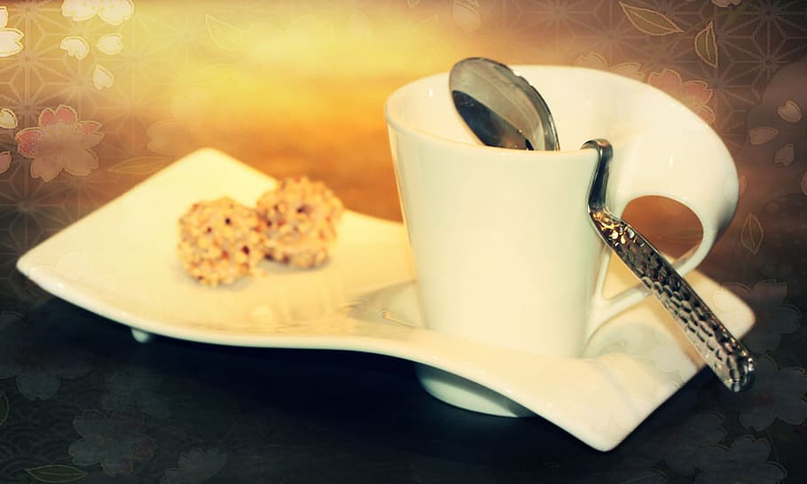 white, coffee mug, stainless, steel spoon, plate, white coffee, stainless steel, spoon, coffee cup, cup