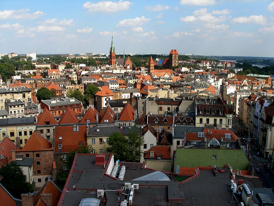 toruń, wisla, panorama, rumah, bangunan tua, jembatan, pasar, kota, sungai, kota tua