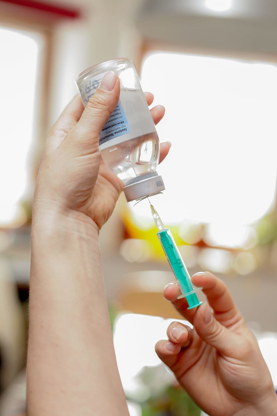 person, getting, clear, liquid, bottle, using, syringe, vaccination, healthcare, needle