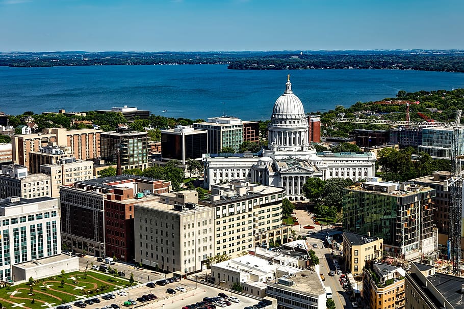 madison, wisconsin, city, urban, buildings, downtown, cityscape, lake, architecture, state capitol