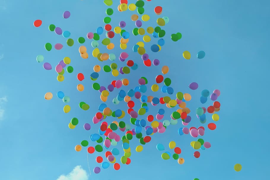 balloons, sky, low, angled, photography, red, blue, yellow, still, items