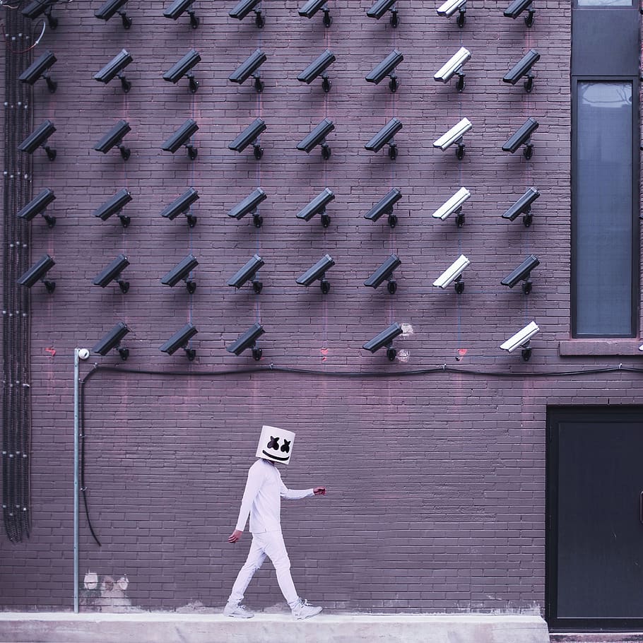 building, wall, structure, cctv, security, camera, window, people, white, clothing