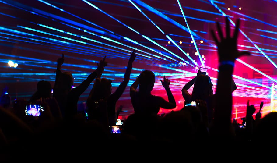laser, festival, techno, light show, laser show, light, human, rays, concert, hands