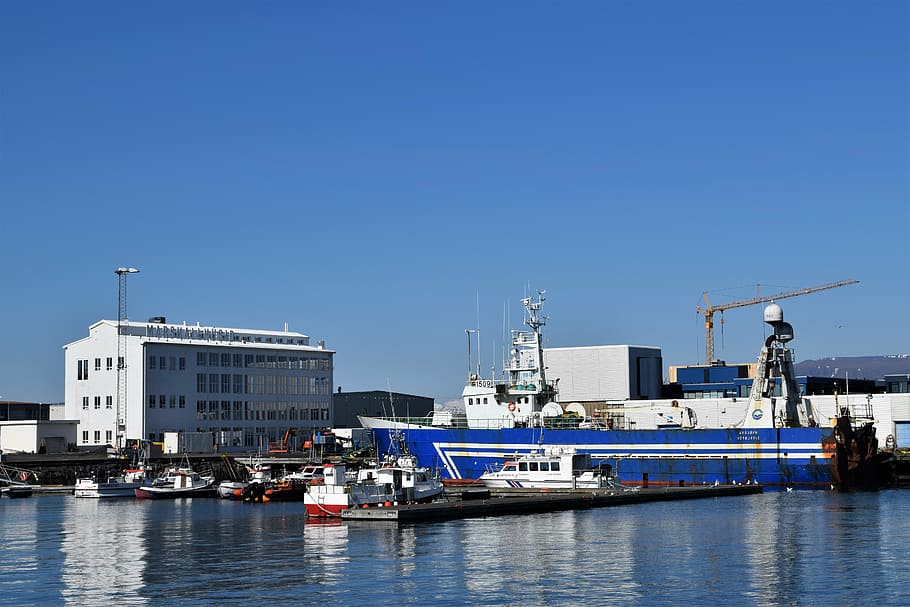 trawler, reykjavik, harbour, fishing, ship, sea, water, marshall house, boats, blue sky