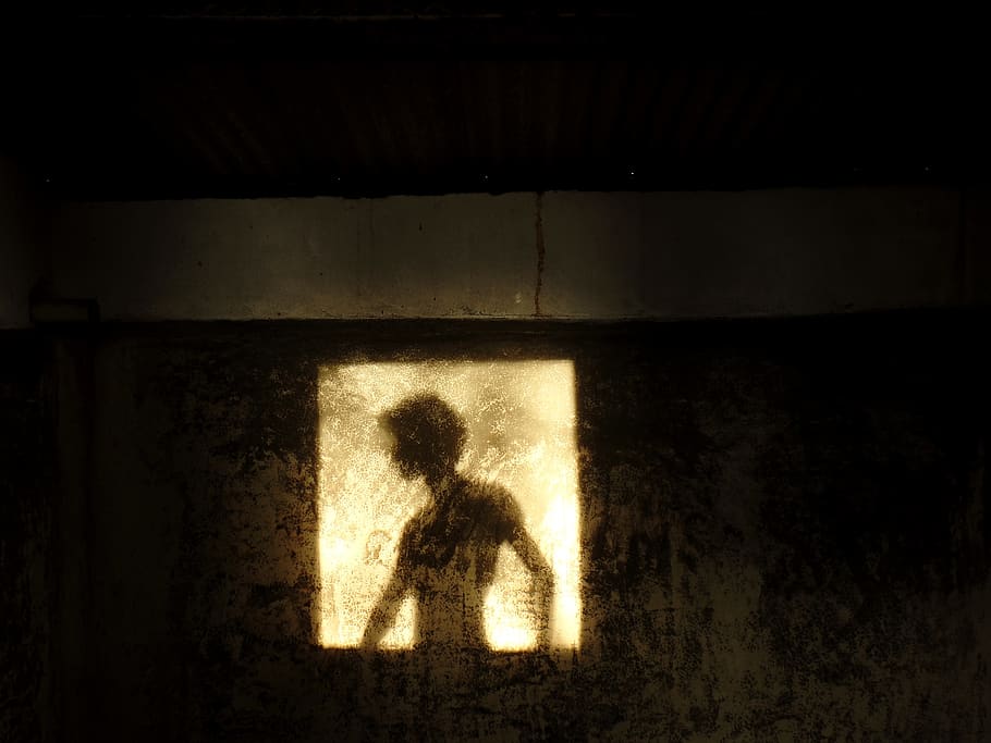 sombra, ventana, reflexión, pared, silueta, oscuro, hombre, persona, perfil, noche
