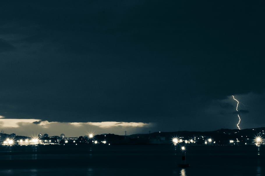 fotografia, timelapse, horizonte da cidade, tempestuoso, clima, relâmpago, greve, noite, escuro, tempestade