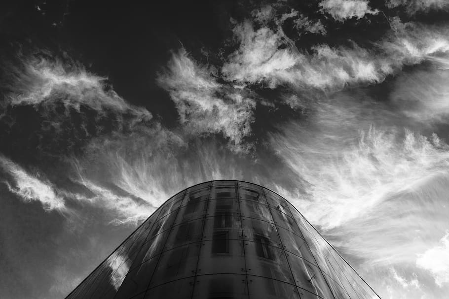 sky, cloud, nature, building, dark, reflection, black and white, cloud - sky, low angle view, building exterior