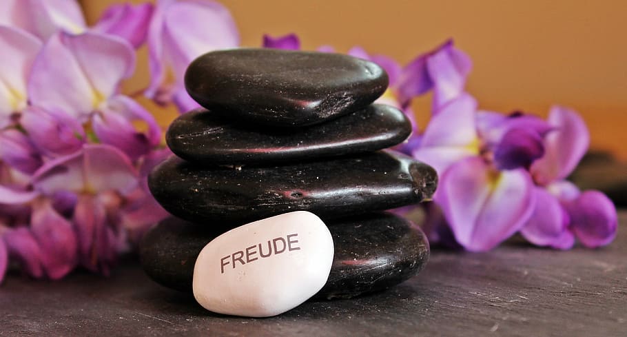 stone stack, white, purple, orchids, balance, meditation, stones, pebbles, zen, relaxation