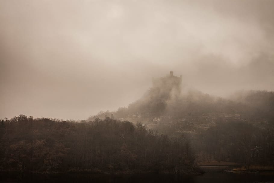 gray mountain range, castle, fog, history, italy, lake, landscape, medieval, montalto dora, piemonte