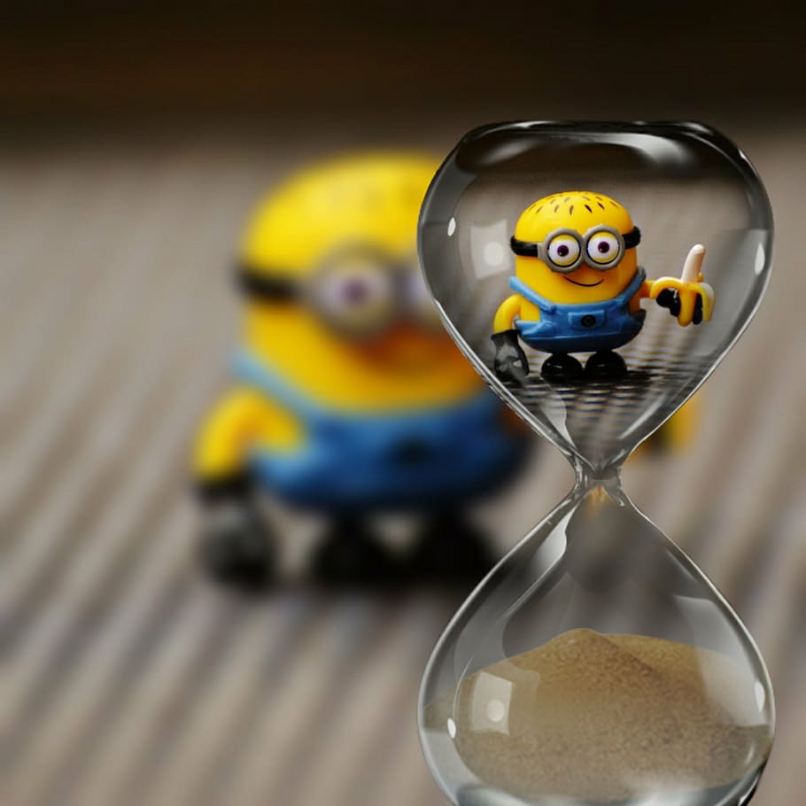 hourglass, minion action figure background, minion, funny, toys, children, cute, yellow, sand, timer