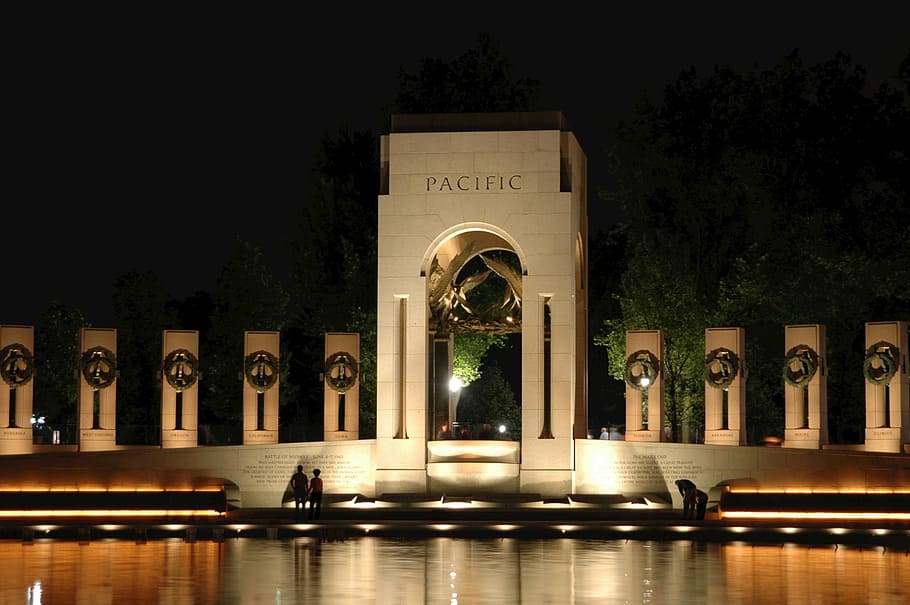 washington dc, world war ii memorial, night, evening, lights, reflections, monument, statue, architecture, water