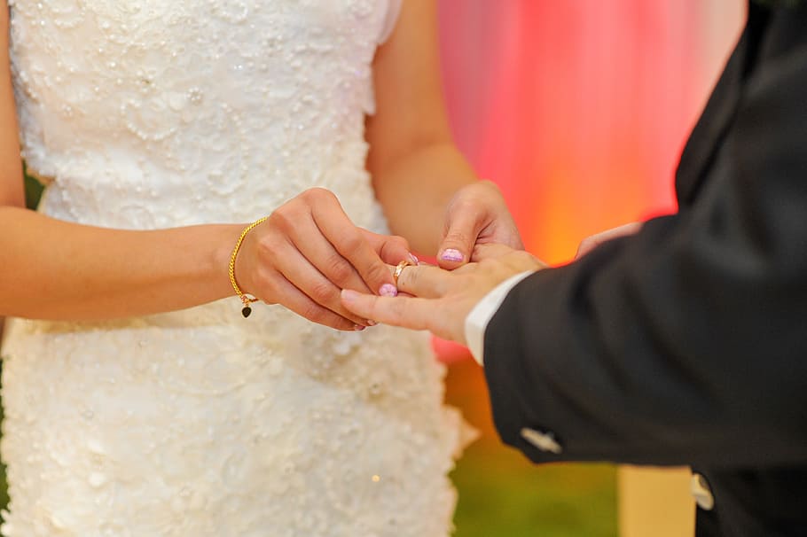 exchange ring, wedding, marriage, engagement, bride, groom, holding hand, dress, newlywed, love