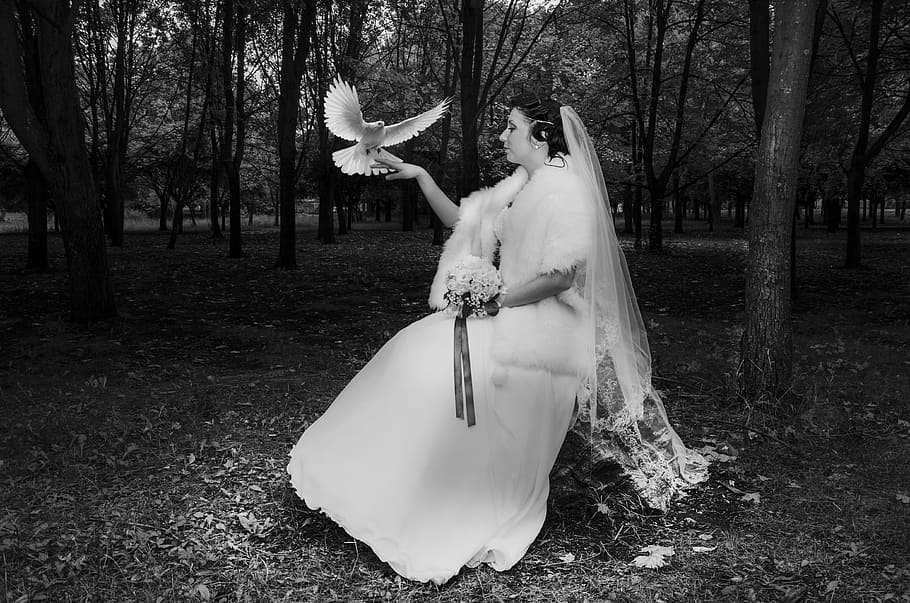 grayscale photo, woman, wearing, white, dress, bride, marriage, wedding, marry, wed