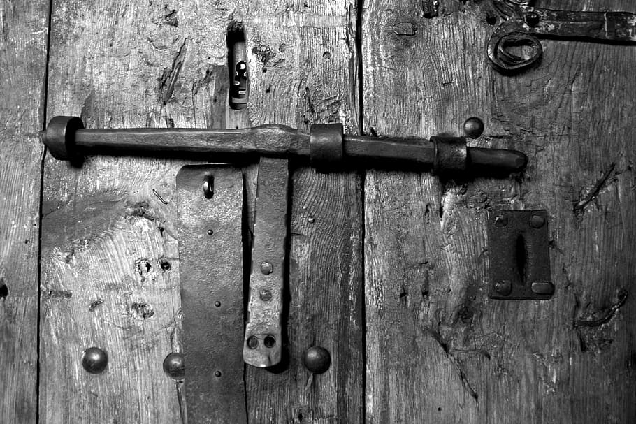 mengunci, pintu, tua, berkarat, antik, kayu, logam, tradisional, pertanian, model tahun