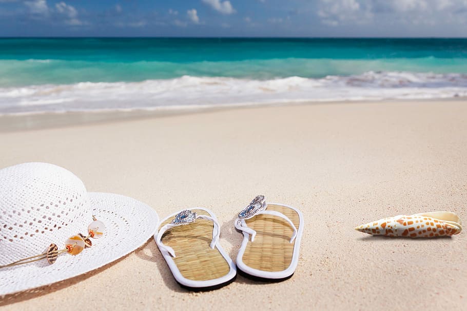 pair, beige-and-white flip-flops, white, hat, seashore, day, beach, sand, sea, coast