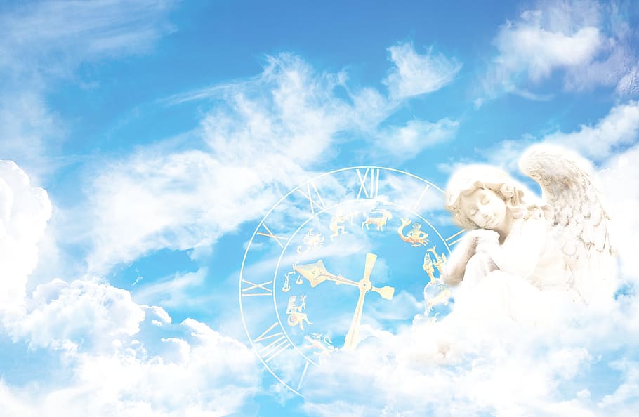 azul, cielo, blanco, nubes, ilustración de ángel, fantasía, ángel, reloj, composición, mística